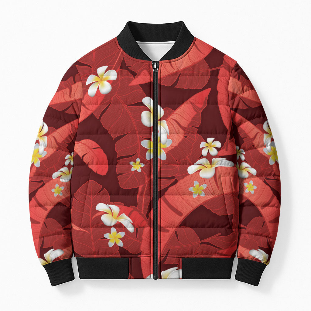 Red Banana Leaf Hawaii Bomber Puffer Jacket Lau Maia Plumeria Tropical Summer Vibes