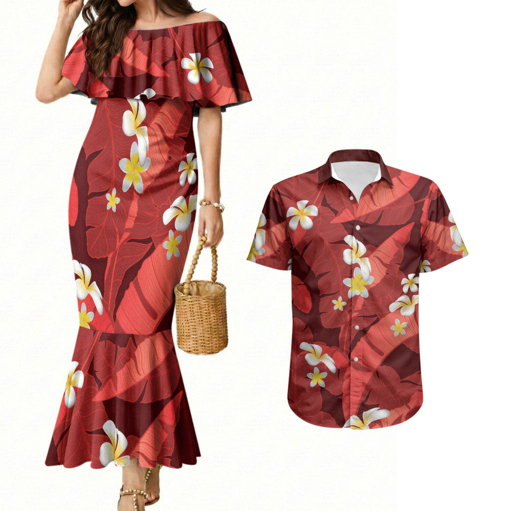 Red Banana Leaf Hawaii Couples Matching Mermaid Dress and Hawaiian Shirt Lau Maia Plumeria Tropical Summer Vibes LT14 Red - Polynesian Pride