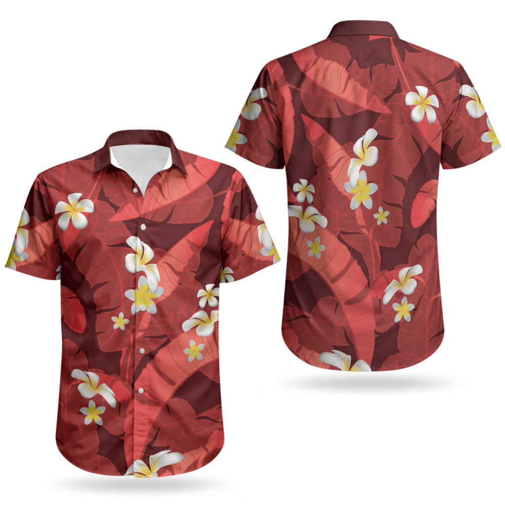 Red Banana Leaf Hawaii Couples Matching Off Shoulder Short Dress and Hawaiian Shirt Lau Maia Plumeria Tropical Summer Vibes LT14 - Polynesian Pride