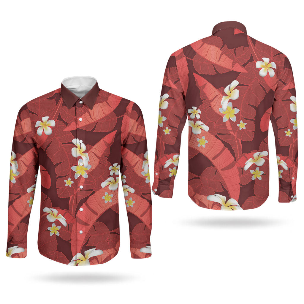 Red Banana Leaf Hawaii Couples Matching Off Shoulder Short Dress and Long Sleeve Button Shirt Lau Maia Plumeria Tropical Summer Vibes
