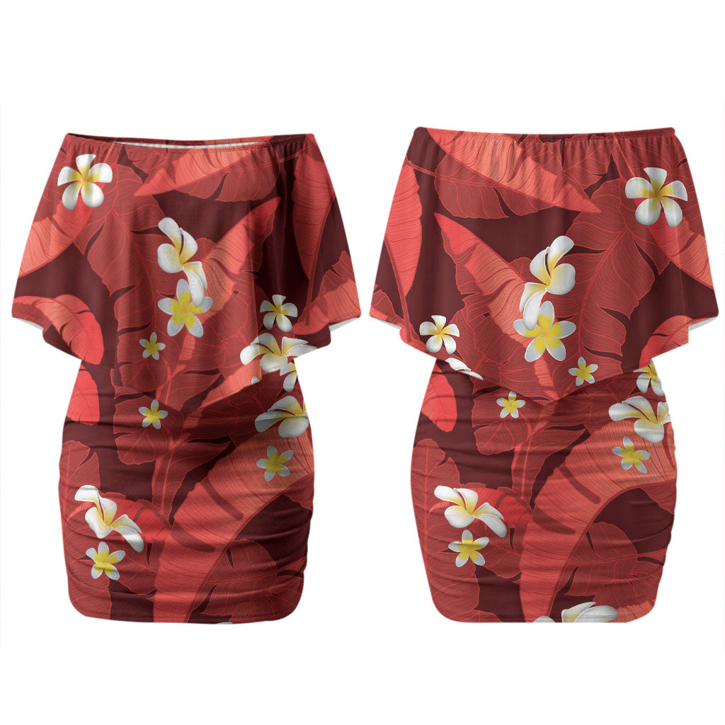 Red Banana Leaf Hawaii Couples Matching Off Shoulder Short Dress and Long Sleeve Button Shirt Lau Maia Plumeria Tropical Summer Vibes