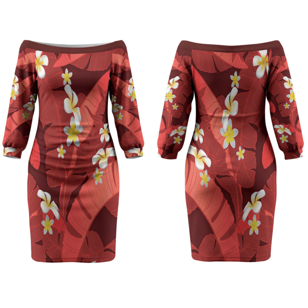 Red Banana Leaf Hawaii Couples Matching Off The Shoulder Long Sleeve Dress and Hawaiian Shirt Lau Maia Plumeria Tropical Summer Vibes LT14 - Polynesian Pride