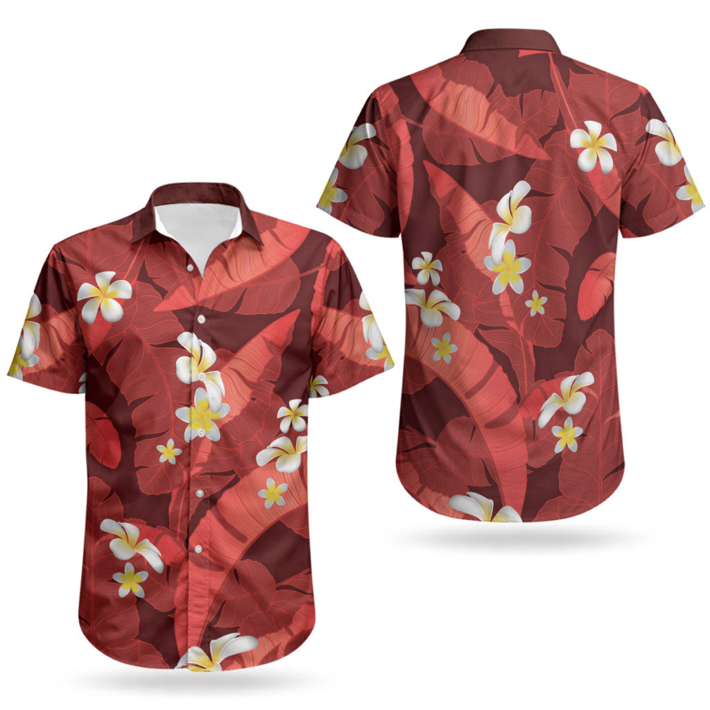 Red Banana Leaf Hawaii Couples Matching Short Sleeve Bodycon Dress and Hawaiian Shirt Lau Maia Plumeria Tropical Summer Vibes LT14 - Polynesian Pride