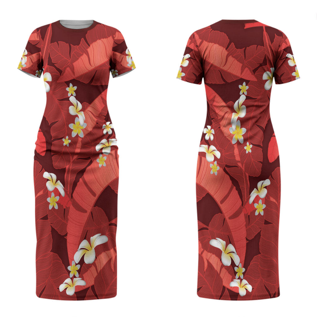 Red Banana Leaf Hawaii Couples Matching Short Sleeve Bodycon Dress and Hawaiian Shirt Lau Maia Plumeria Tropical Summer Vibes LT14 - Polynesian Pride