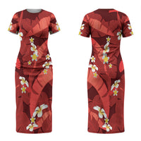 Red Banana Leaf Hawaii Couples Matching Short Sleeve Bodycon Dress and Hawaiian Shirt Lau Maia Plumeria Tropical Summer Vibes LT14 - Polynesian Pride