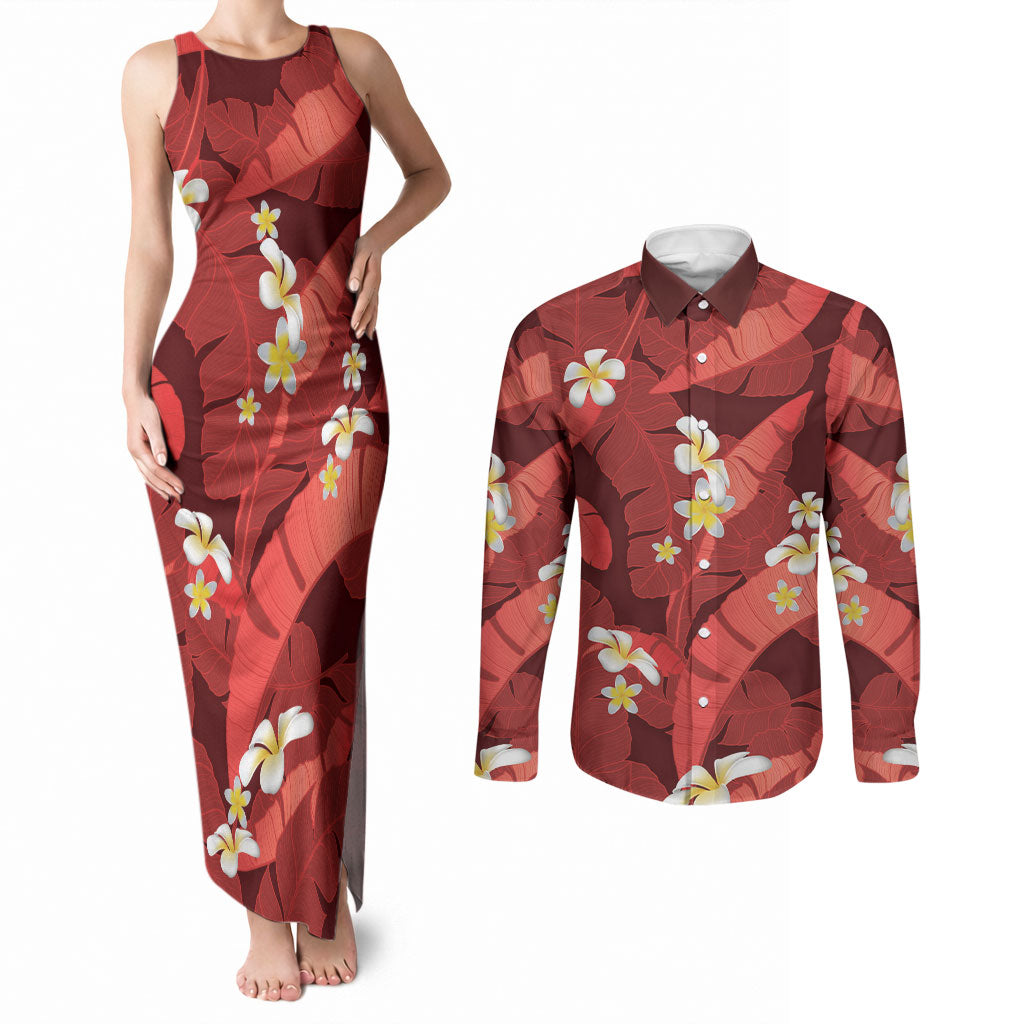 Red Banana Leaf Hawaii Couples Matching Tank Maxi Dress and Long Sleeve Button Shirt Lau Maia Plumeria Tropical Summer Vibes