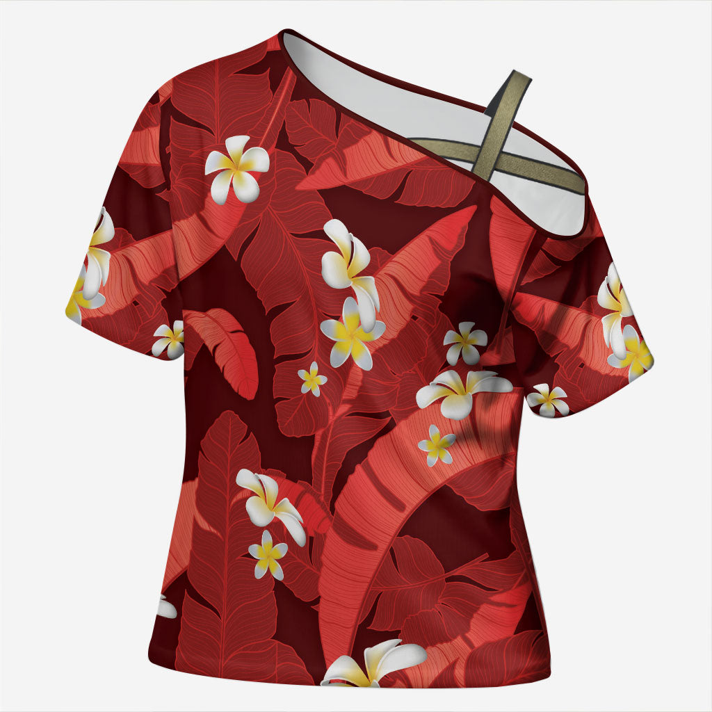 Red Banana Leaf Hawaii Cross Shoulder Shirt Lau Maia Plumeria Tropical Summer Vibes
