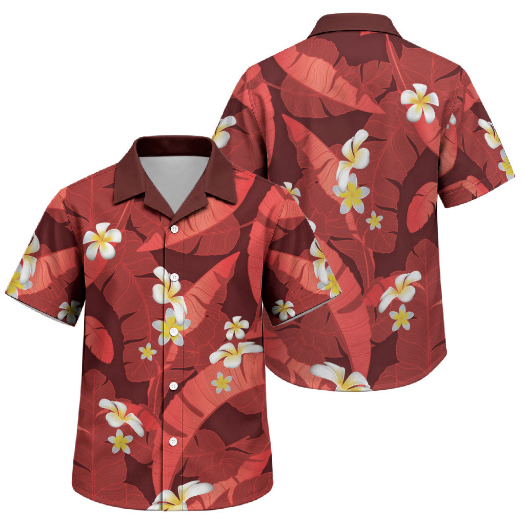Red Banana Leaf Hawaii Family Matching Long Sleeve Bodycon Dress and Hawaiian Shirt Lau Maia Plumeria Tropical Summer Vibes LT14 Son's Shirt Red - Polynesian Pride