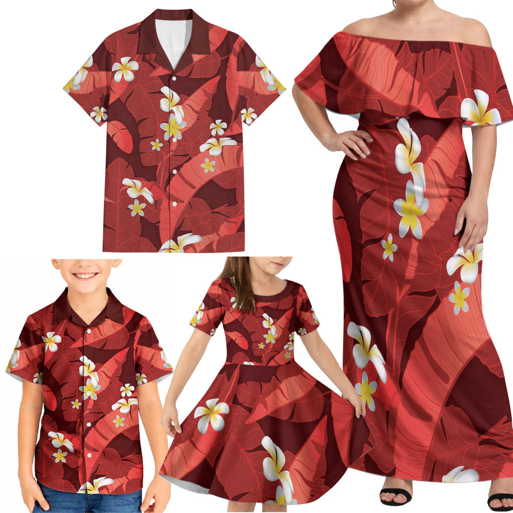 Red Banana Leaf Hawaii Family Matching Off Shoulder Maxi Dress and Hawaiian Shirt Lau Maia Plumeria Tropical Summer Vibes LT14 - Polynesian Pride
