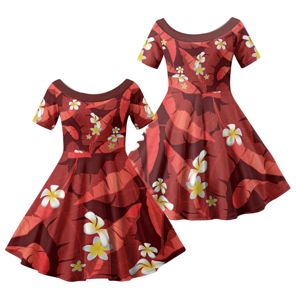 Red Banana Leaf Hawaii Family Matching Off Shoulder Short Dress and Hawaiian Shirt Lau Maia Plumeria Tropical Summer Vibes LT14 Daughter's Dress Red - Polynesian Pride