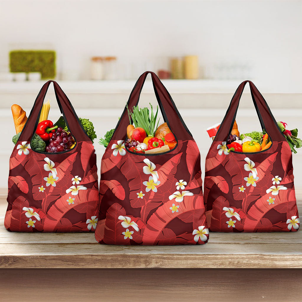 Red Banana Leaf Hawaii Grocery Bag Lau Maia Plumeria Tropical Summer Vibes LT14 3-pack One Size Red - Polynesian Pride