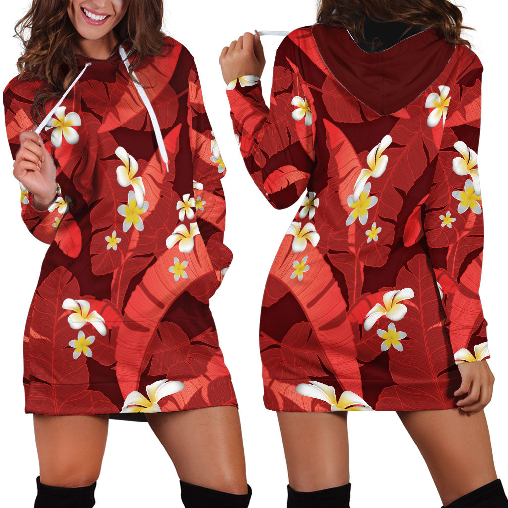 Red Banana Leaf Hawaii Hoodie Dress Lau Maia Plumeria Tropical Summer Vibes LT14 - Polynesian Pride
