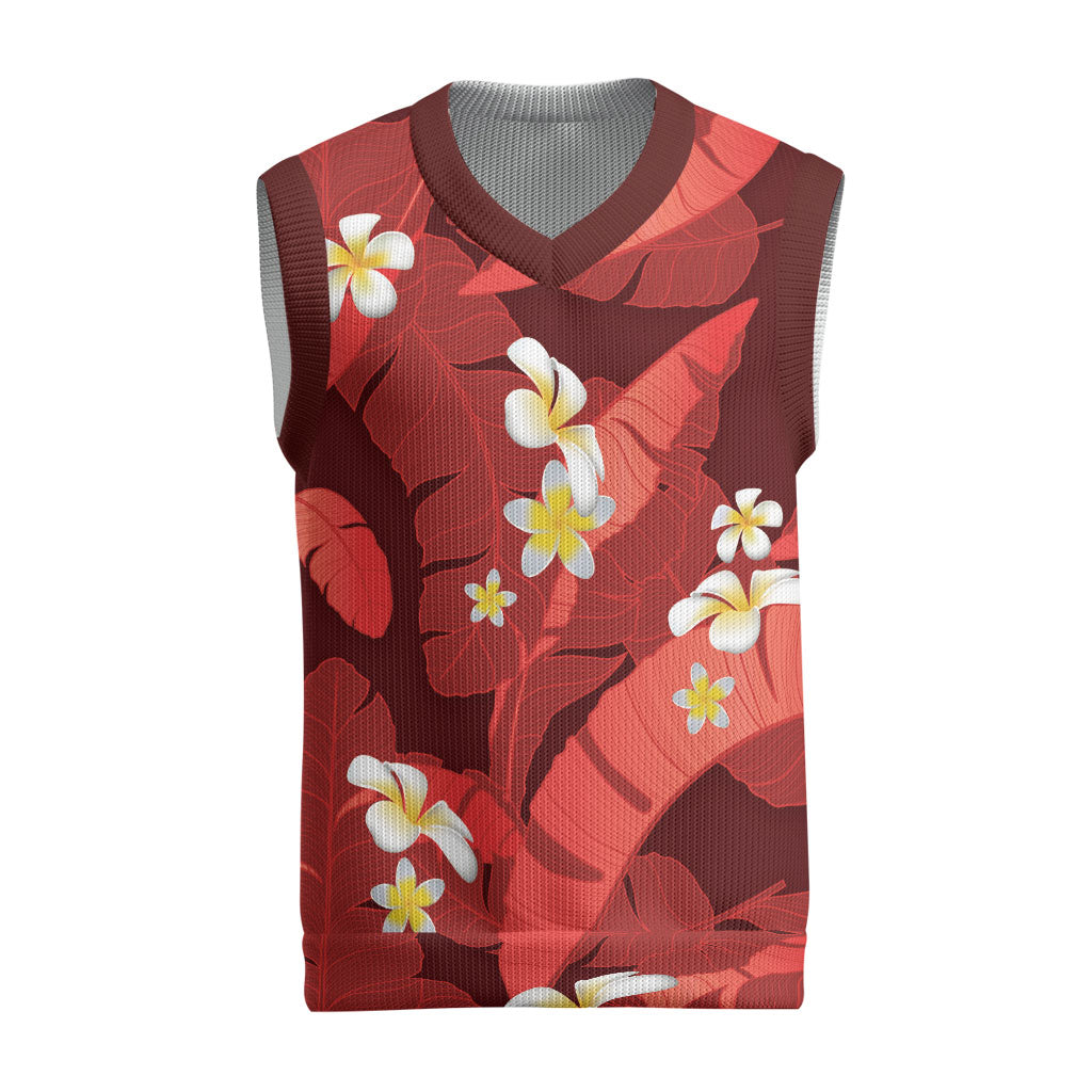 Red Banana Leaf Hawaii Christmas Knitted V-Neck Vest Lau Maia Plumeria Tropical Summer Vibes LT14 Red - Polynesian Pride