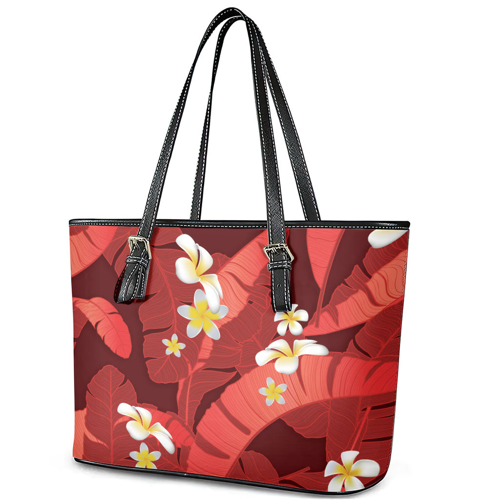 Red Banana Leaf Hawaii Leather Tote Bag Lau Maia Plumeria Tropical Summer Vibes
