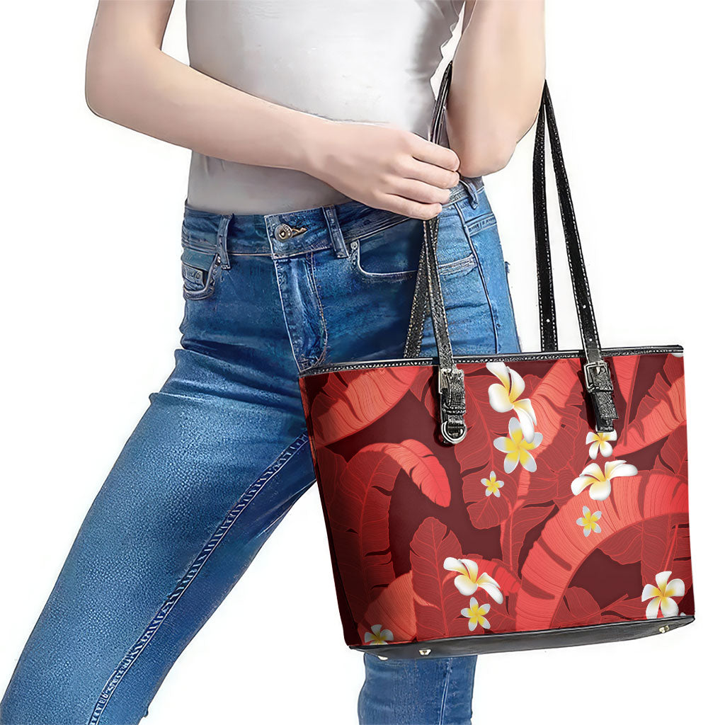 Red Banana Leaf Hawaii Leather Tote Bag Lau Maia Plumeria Tropical Summer Vibes