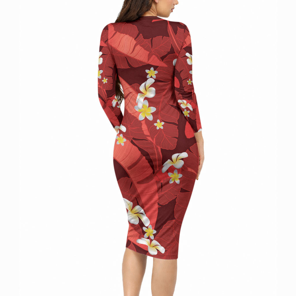Red Banana Leaf Hawaii Long Sleeve Bodycon Dress Lau Maia Plumeria Tropical Summer Vibes