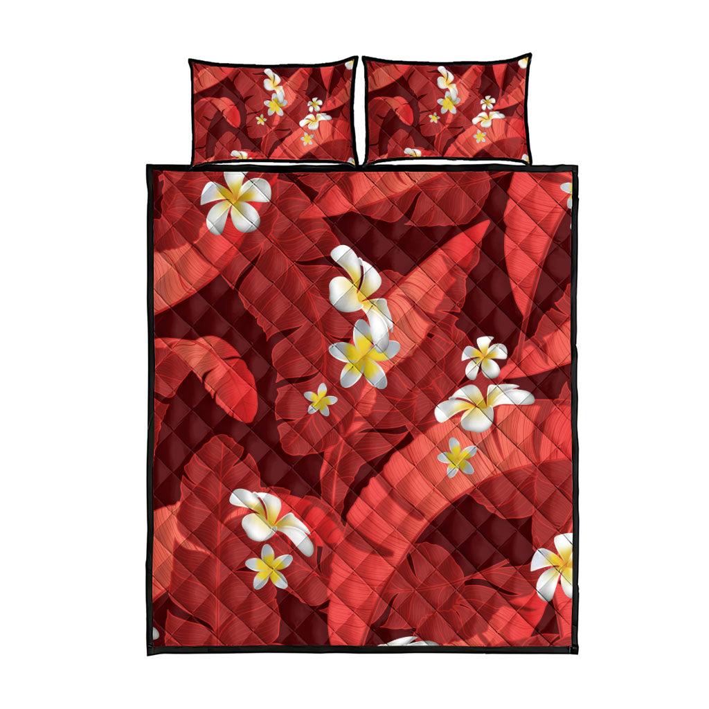 Red Banana Leaf Hawaii Quilt Bed Set Lau Maia Plumeria Tropical Summer Vibes