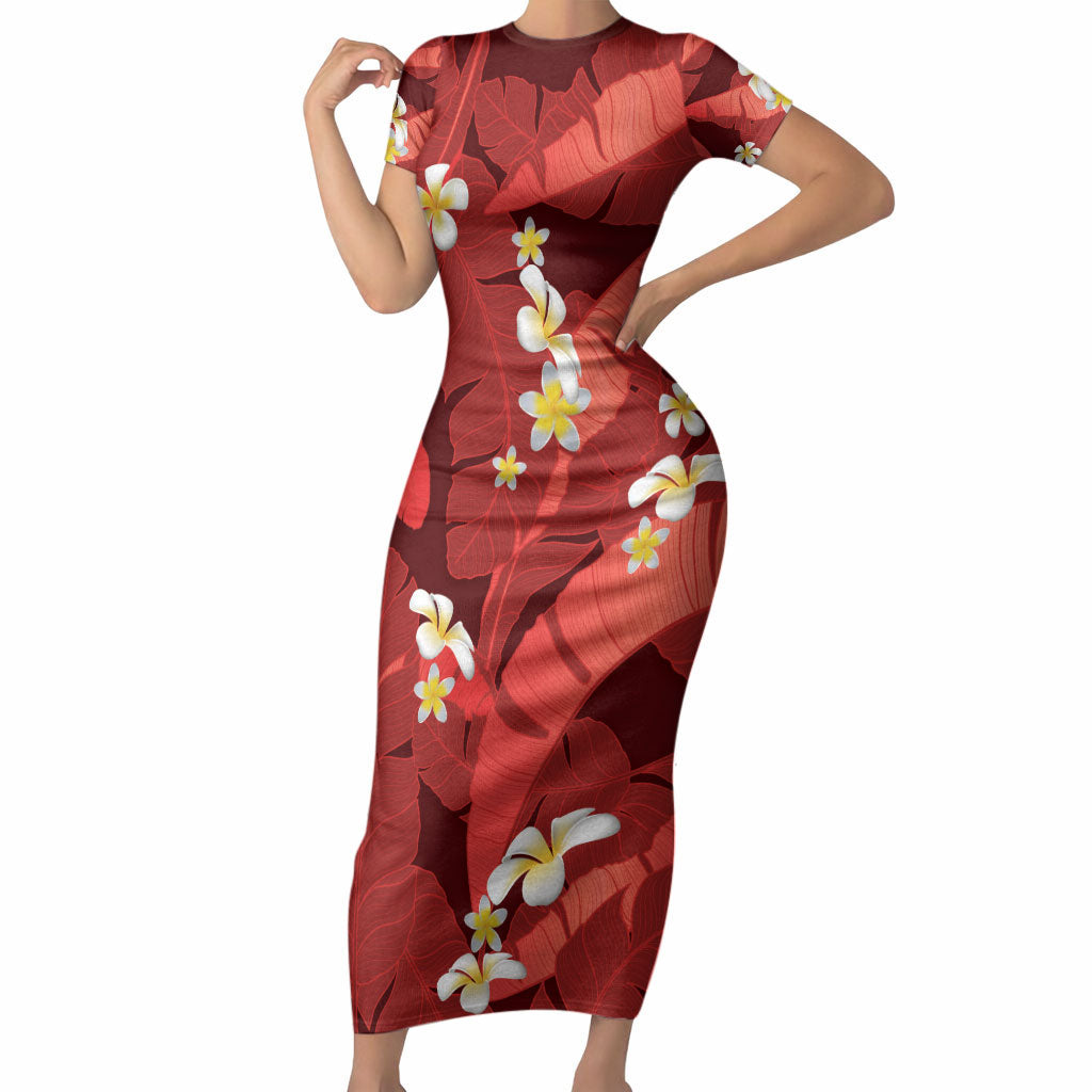 Red Banana Leaf Hawaii Short Sleeve Bodycon Dress Lau Maia Plumeria Tropical Summer Vibes
