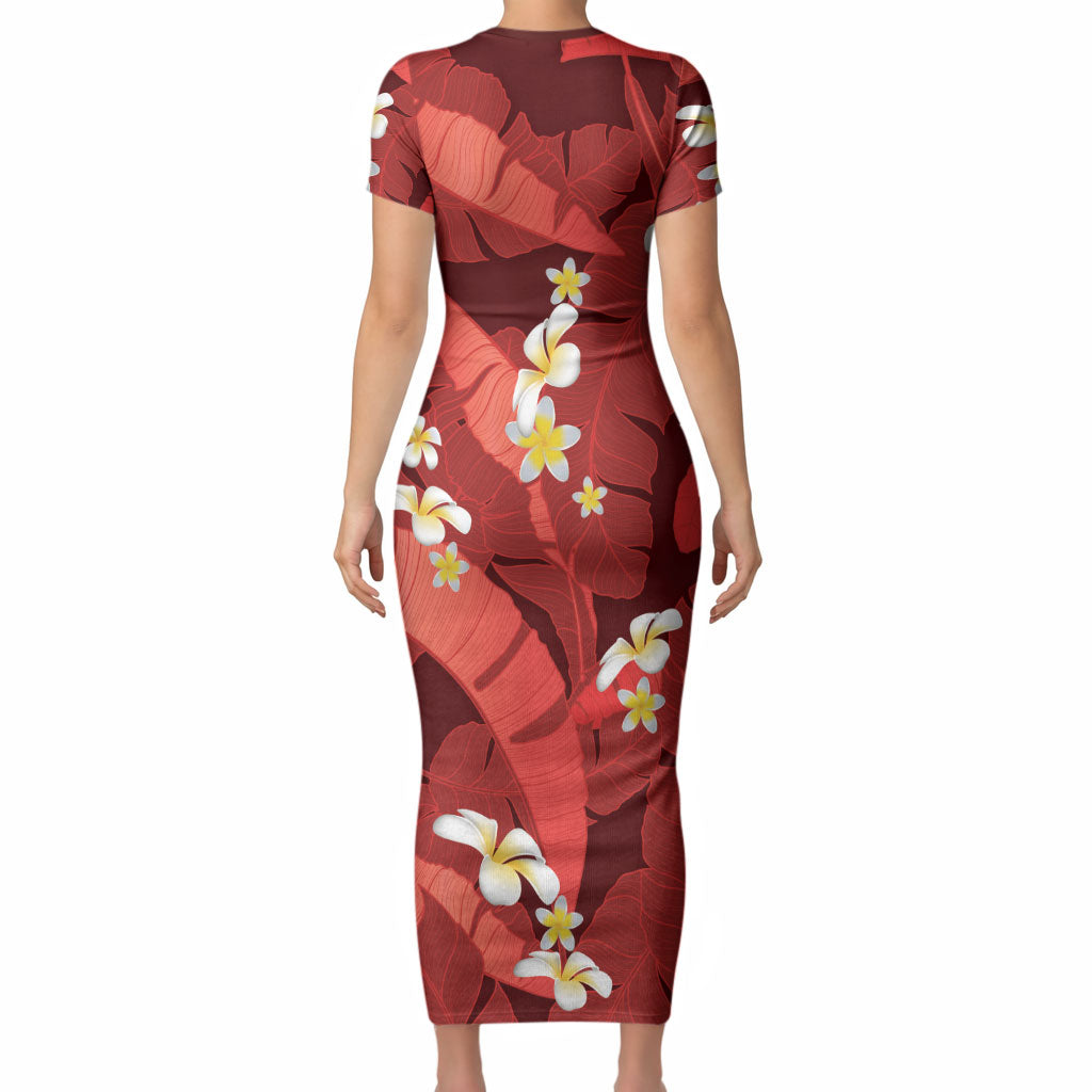 Red Banana Leaf Hawaii Short Sleeve Bodycon Dress Lau Maia Plumeria Tropical Summer Vibes