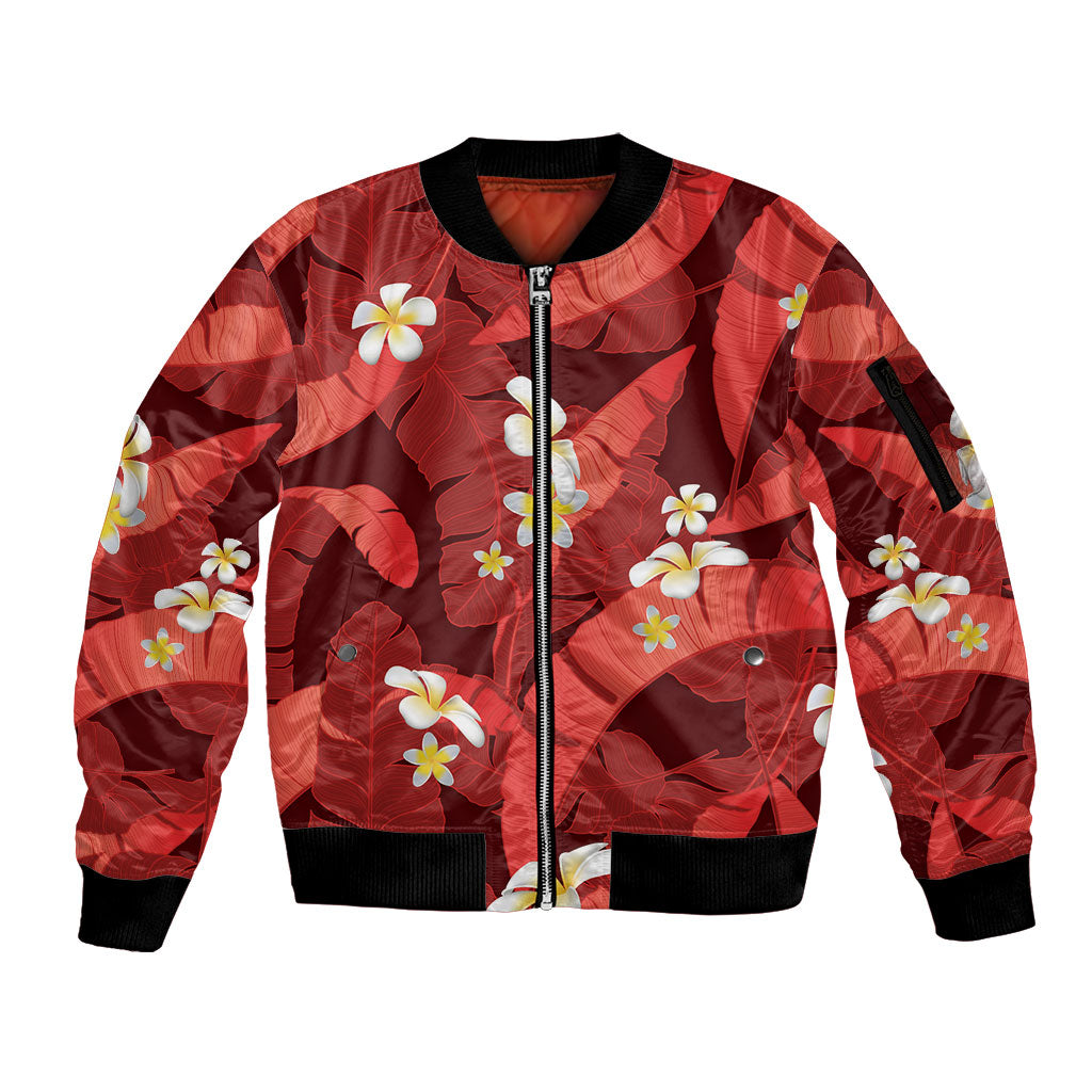 Red Banana Leaf Hawaii Sleeve Zip Bomber Jacket Lau Maia Plumeria Tropical Summer Vibes