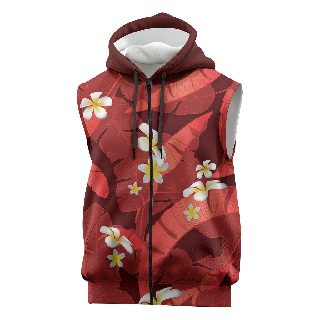 Red Banana Leaf Hawaii Sleeveless Zip Hoodie Lau Maia Plumeria Tropical Summer Vibes LT14 Red - Polynesian Pride