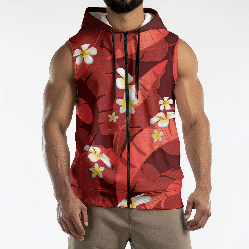 Red Banana Leaf Hawaii Sleeveless Zip Hoodie Lau Maia Plumeria Tropical Summer Vibes LT14 - Polynesian Pride