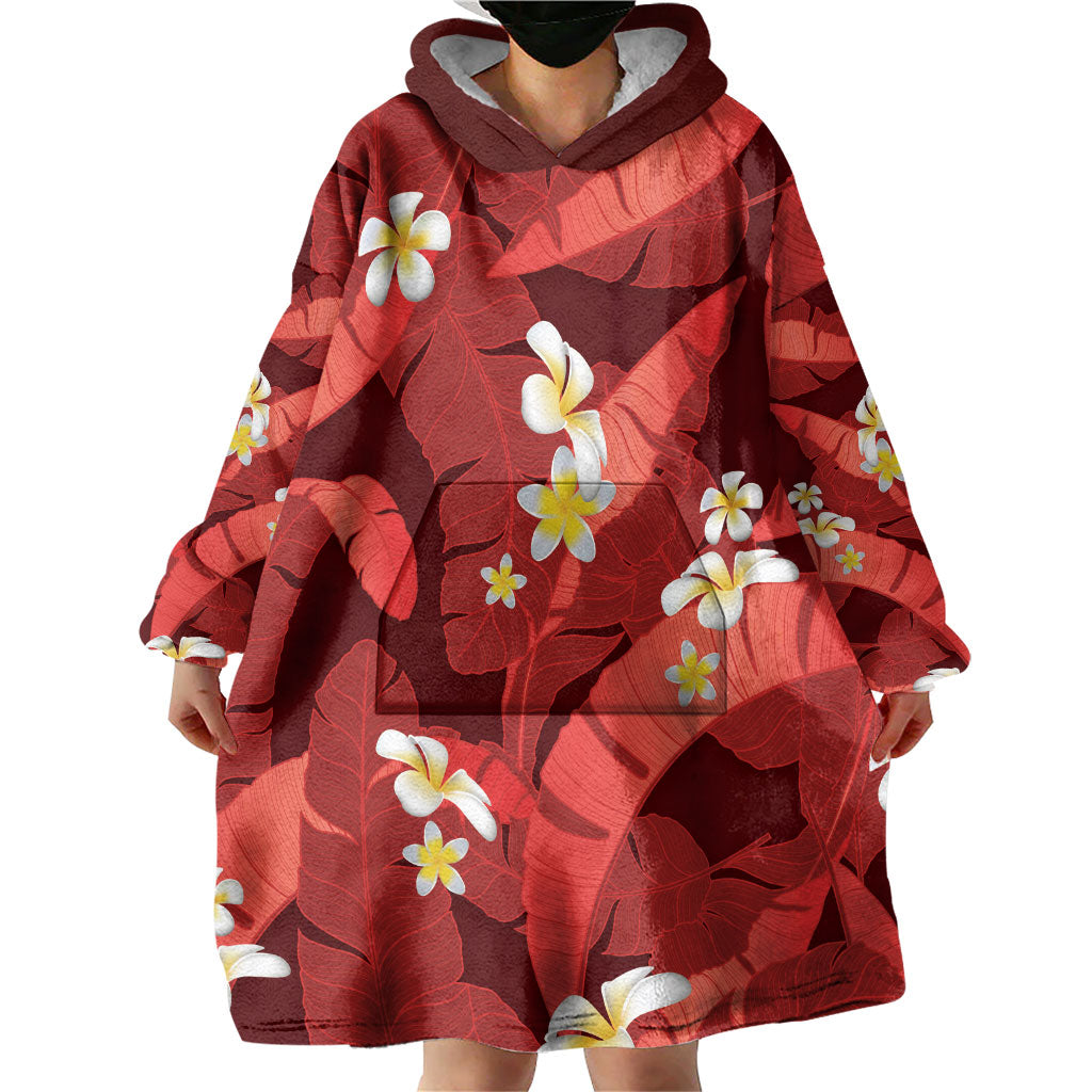 Red Banana Leaf Hawaii Wearable Blanket Hoodie Lau Maia Plumeria Tropical Summer Vibes