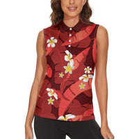 Red Banana Leaf Hawaii Women Sleeveless Polo Shirt Lau Maia Plumeria Tropical Summer Vibes