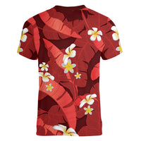 Red Banana Leaf Hawaii Women V-Neck T-Shirt Lau Maia Plumeria Tropical Summer Vibes LT14 - Polynesian Pride
