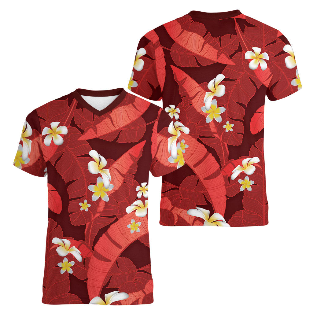 Red Banana Leaf Hawaii Women V-Neck T-Shirt Lau Maia Plumeria Tropical Summer Vibes LT14 - Polynesian Pride