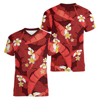 Red Banana Leaf Hawaii Women V-Neck T-Shirt Lau Maia Plumeria Tropical Summer Vibes LT14 - Polynesian Pride