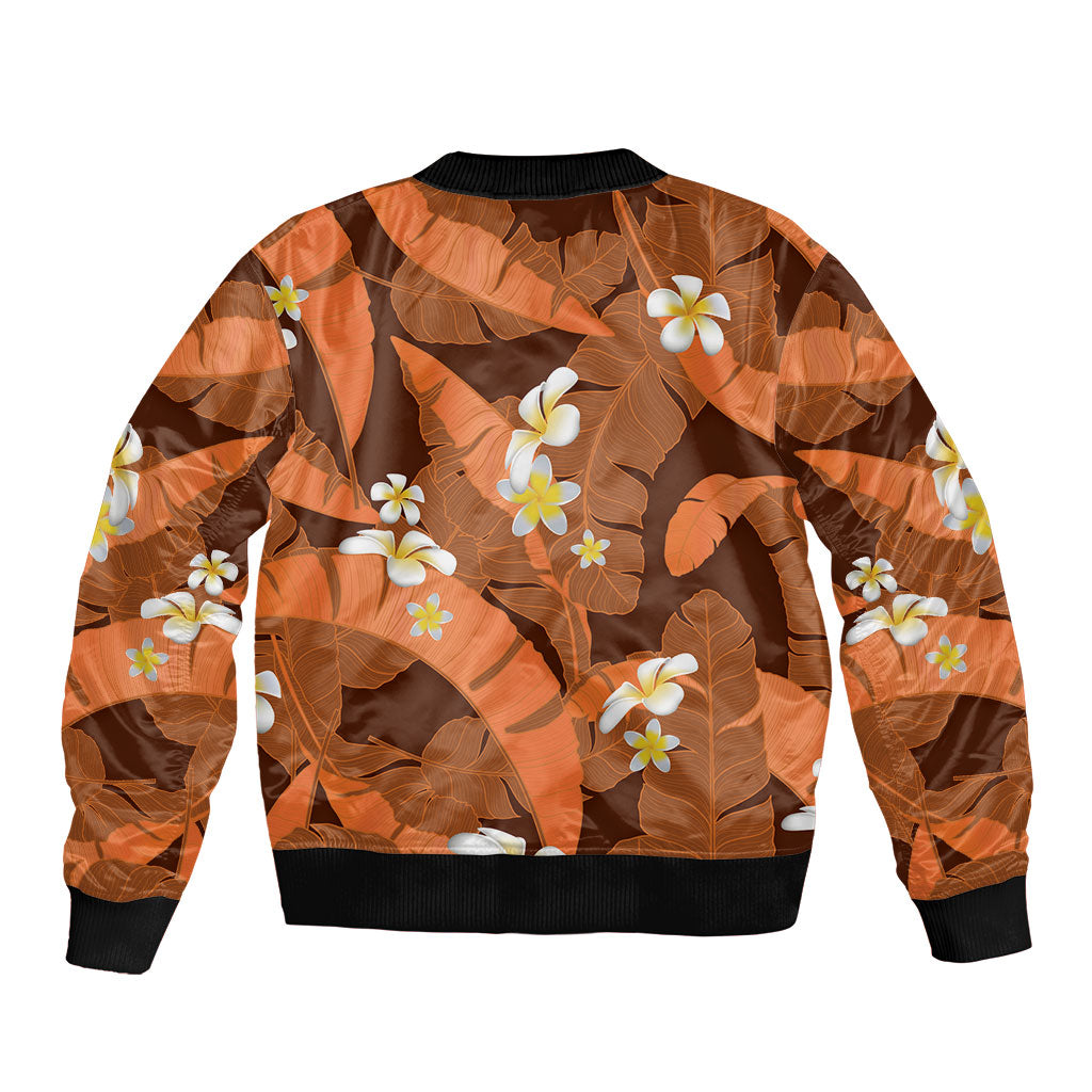 Orange Banana Leaf Hawaii Bomber Jacket Lau Maia Plumeria Tropical Summer Vibes