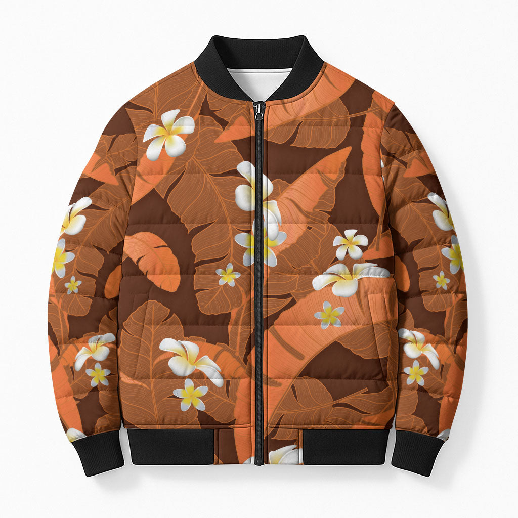Orange Banana Leaf Hawaii Bomber Puffer Jacket Lau Maia Plumeria Tropical Summer Vibes LT14 Unisex Orange - Polynesian Pride