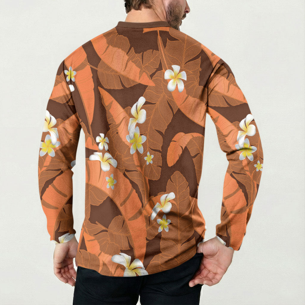 Orange Banana Leaf Hawaii Button Sweatshirt Lau Maia Plumeria Tropical Summer Vibes