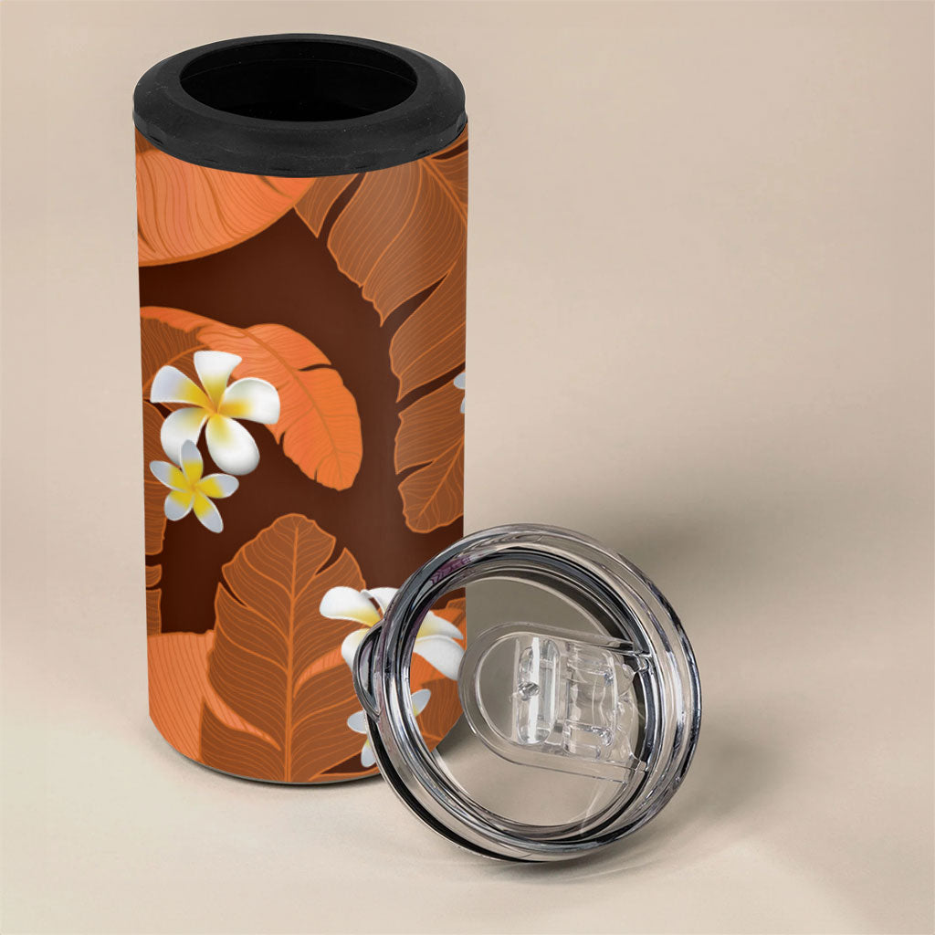 Orange Banana Leaf Hawaii 4 in 1 Can Cooler Tumbler Lau Maia Plumeria Tropical Summer Vibes