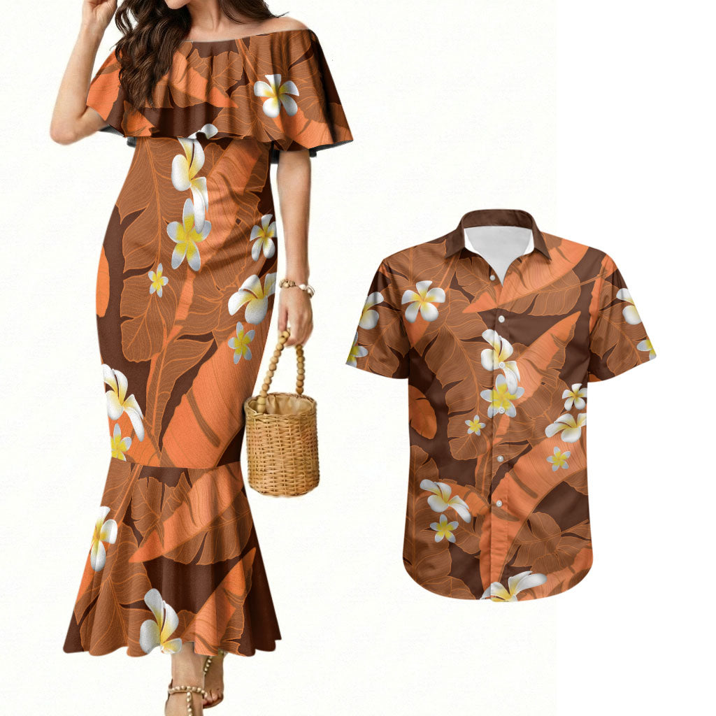 Orange Banana Leaf Hawaii Couples Matching Mermaid Dress and Hawaiian Shirt Lau Maia Plumeria Tropical Summer Vibes LT14 Orange - Polynesian Pride