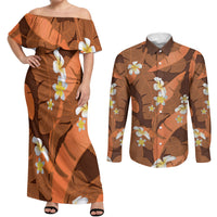 Orange Banana Leaf Hawaii Couples Matching Off Shoulder Maxi Dress and Long Sleeve Button Shirt Lau Maia Plumeria Tropical Summer Vibes