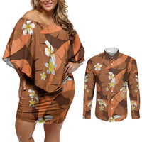 Orange Banana Leaf Hawaii Couples Matching Off Shoulder Short Dress and Long Sleeve Button Shirt Lau Maia Plumeria Tropical Summer Vibes