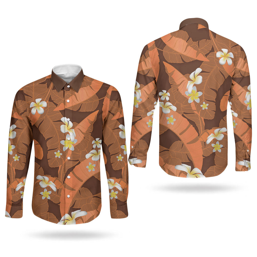 Orange Banana Leaf Hawaii Couples Matching Off Shoulder Short Dress and Long Sleeve Button Shirt Lau Maia Plumeria Tropical Summer Vibes