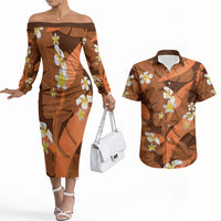 Orange Banana Leaf Hawaii Couples Matching Off The Shoulder Long Sleeve Dress and Hawaiian Shirt Lau Maia Plumeria Tropical Summer Vibes LT14 Orange - Polynesian Pride