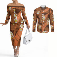Orange Banana Leaf Hawaii Couples Matching Off The Shoulder Long Sleeve Dress and Long Sleeve Button Shirt Lau Maia Plumeria Tropical Summer Vibes LT14 Orange - Polynesian Pride