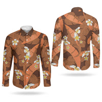 Orange Banana Leaf Hawaii Couples Matching Puletasi and Long Sleeve Button Shirt Lau Maia Plumeria Tropical Summer Vibes LT14 - Polynesian Pride