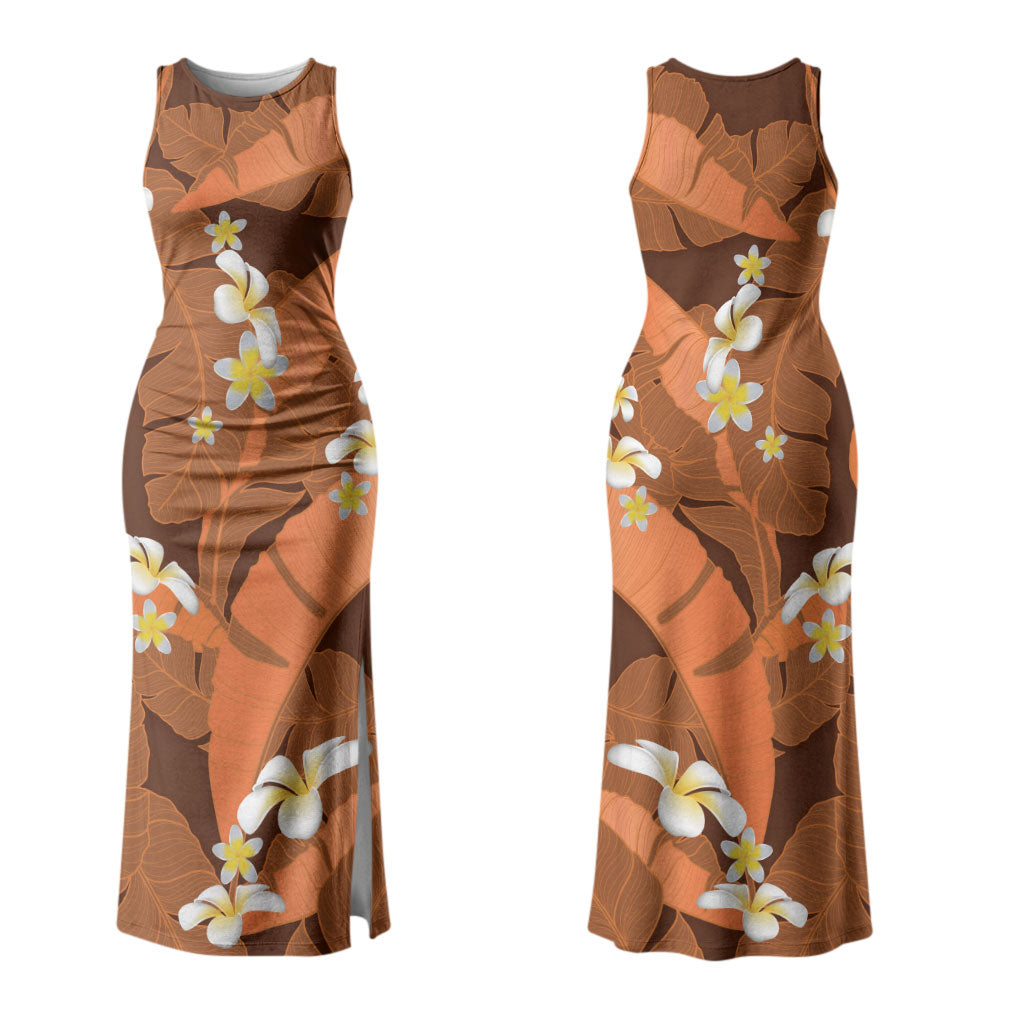 Orange Banana Leaf Hawaii Couples Matching Tank Maxi Dress and Hawaiian Shirt Lau Maia Plumeria Tropical Summer Vibes