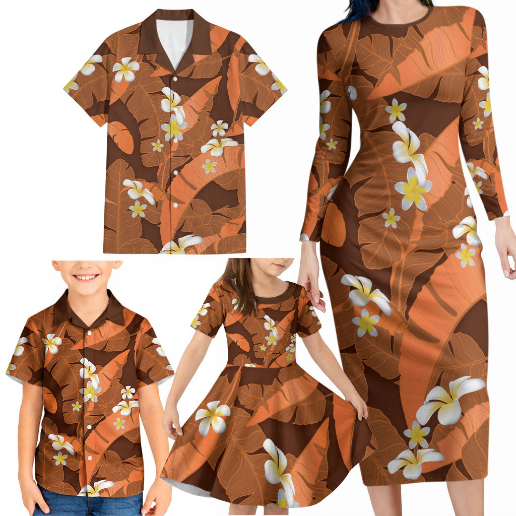 Orange Banana Leaf Hawaii Family Matching Long Sleeve Bodycon Dress and Hawaiian Shirt Lau Maia Plumeria Tropical Summer Vibes LT14 - Polynesian Pride