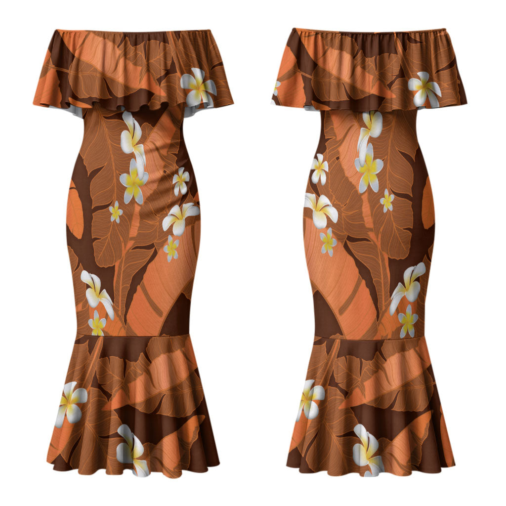 Orange Banana Leaf Hawaii Family Matching Mermaid Dress and Hawaiian Shirt Lau Maia Plumeria Tropical Summer Vibes LT14 Mom's Dress Orange - Polynesian Pride