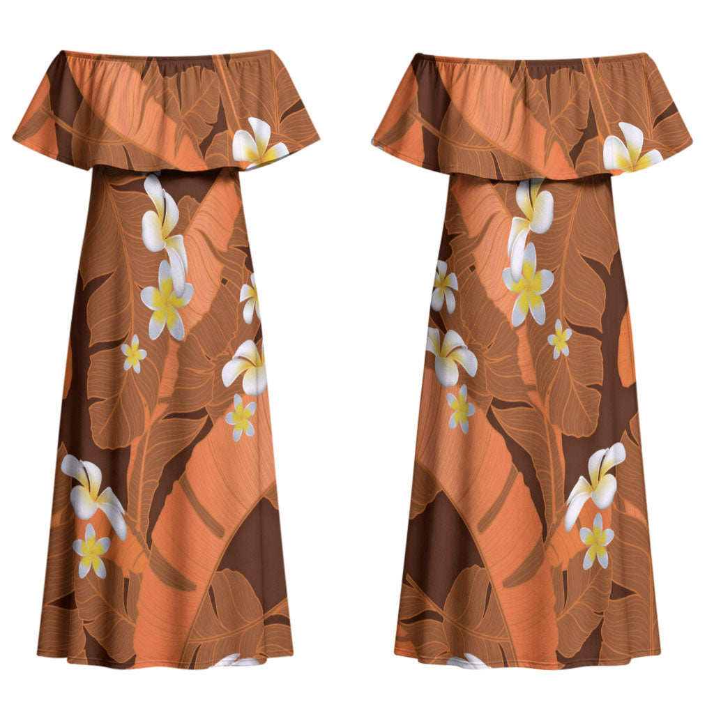 Orange Banana Leaf Hawaii Family Matching Off Shoulder Maxi Dress and Hawaiian Shirt Lau Maia Plumeria Tropical Summer Vibes LT14 Mom's Dress Orange - Polynesian Pride