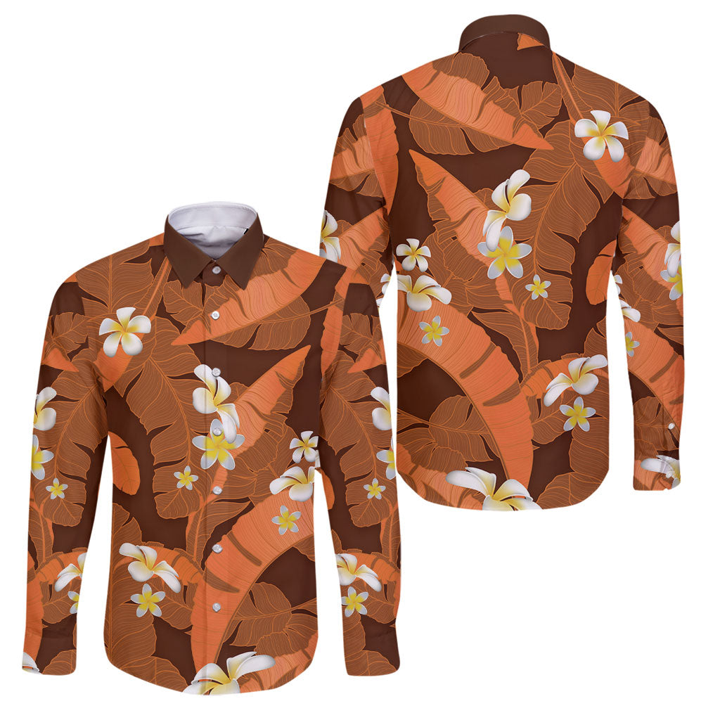 Orange Banana Leaf Hawaii Family Matching Tank Maxi Dress and Hawaiian Shirt Lau Maia Plumeria Tropical Summer Vibes LT14 Dad's Shirt - Long Sleeve Orange - Polynesian Pride