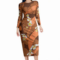 Orange Banana Leaf Hawaii Long Sleeve Bodycon Dress Lau Maia Plumeria Tropical Summer Vibes