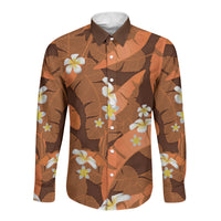 Orange Banana Leaf Hawaii Long Sleeve Button Shirt Lau Maia Plumeria Tropical Summer Vibes