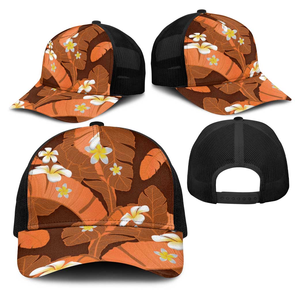 Orange Banana Leaf Hawaii Mesh Trucker Cap Lau Maia Plumeria Tropical Summer Vibes
